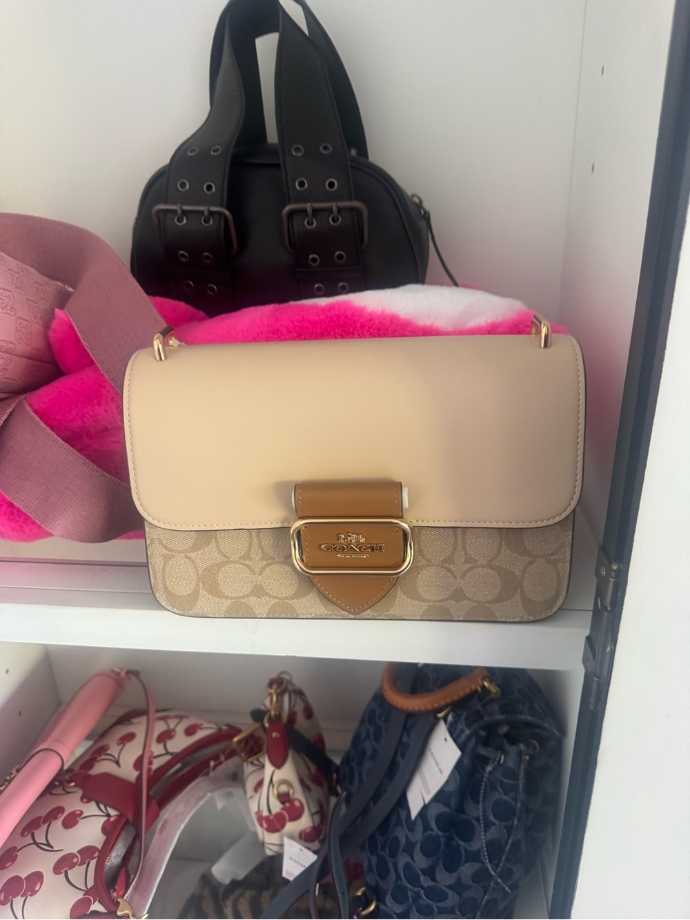Coach Two-Tone Signature Flap Crossbody in Beige and Tan